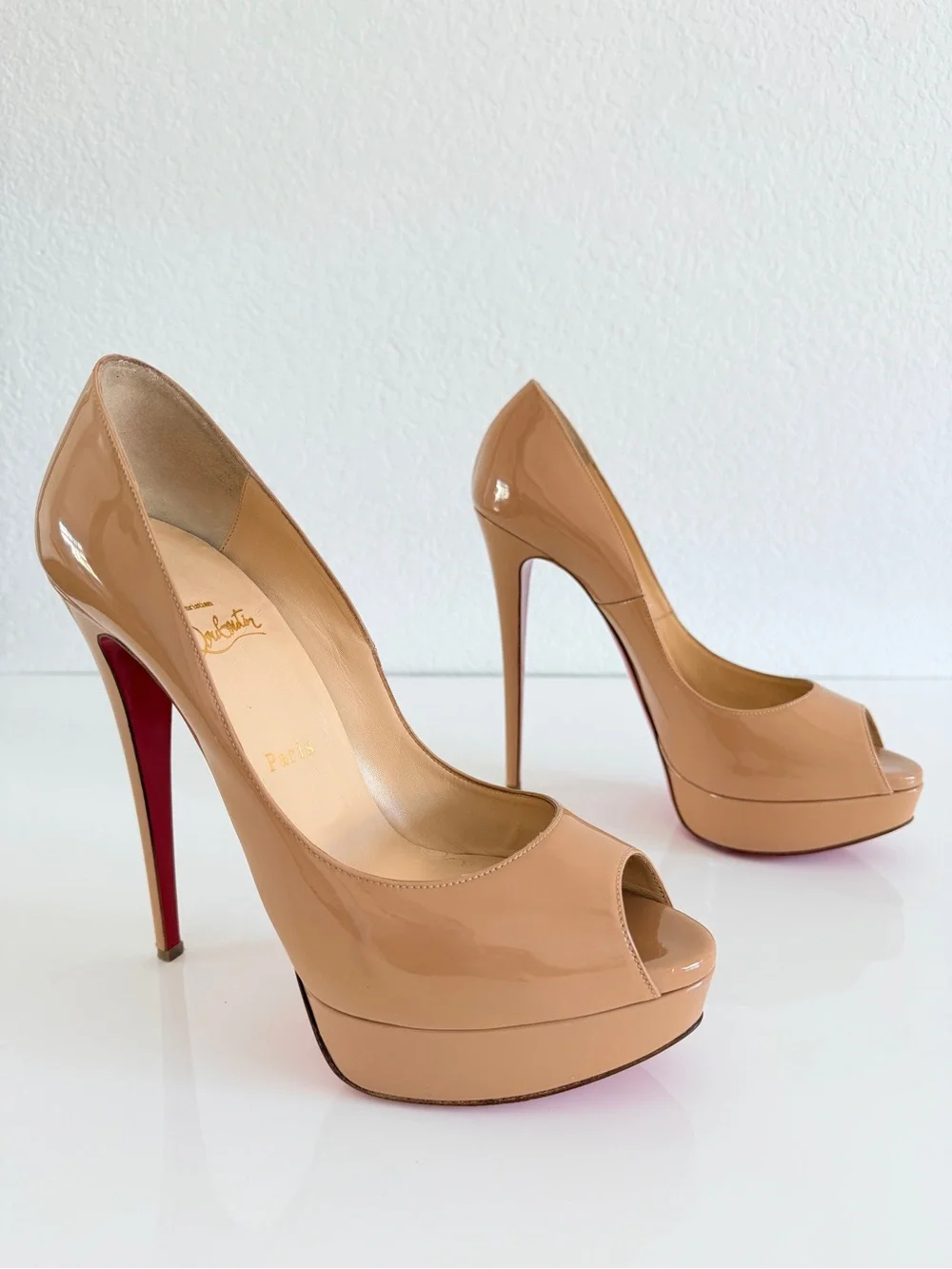 Christian Louboutin Nude Patent Peep-Toe Platform Pump